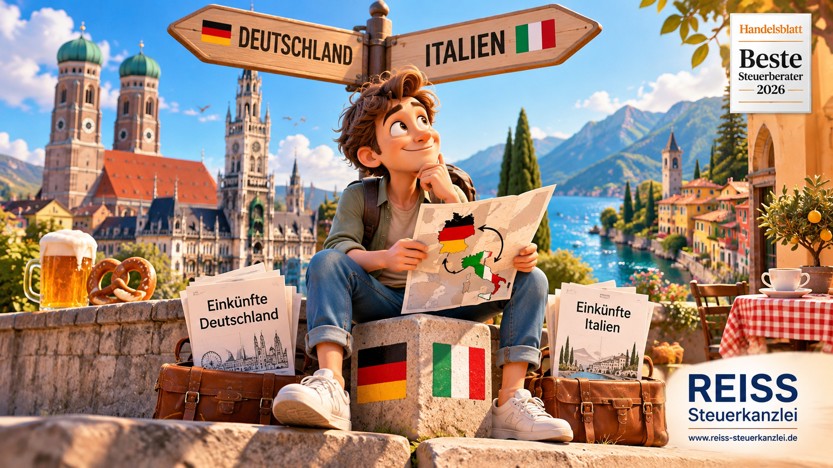 3D-Illustration zur Besteuerung bei Wohnsitz in Deutschland und Italien: Ein Mann sitzt zwischen München und einer italienischen Küstenlandschaft und betrachtet eine Landkarte. Wegweiser und Dokumente symbolisieren die steuerliche Aufteilung der Einkünfte. Mit REISS Steuerkanzlei und Handelsblatt-Auszeichnung „Beste Steuerberater 2026“.