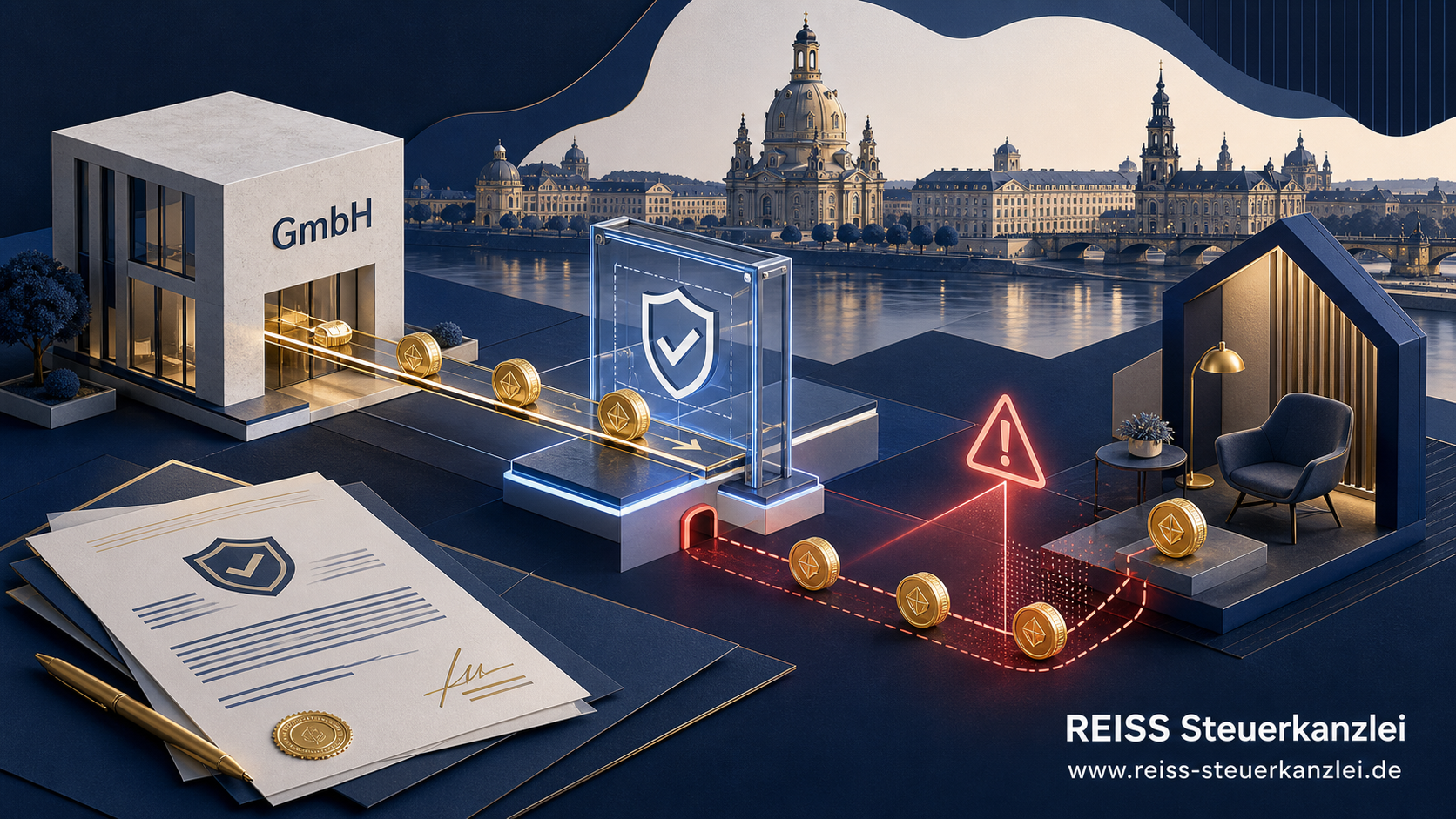 Moderne 3D-Illustration zur verdeckten Gewinnausschüttung bei einer GmbH: Ein Kontrollsystem erkennt einen versteckten Geldfluss zum Gesellschafter, vor stilisierter Dresdner Stadtkulisse.