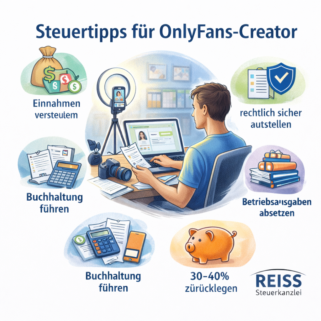 Steuertipps für OnlyFans-Creator von der REISS Steuerkanzlei München: Content-Creator am Laptop mit Kamera und Ringlicht, dazu Hinweise zu Steuern, Buchhaltung, Betriebsausgaben und Steuerrücklagen.