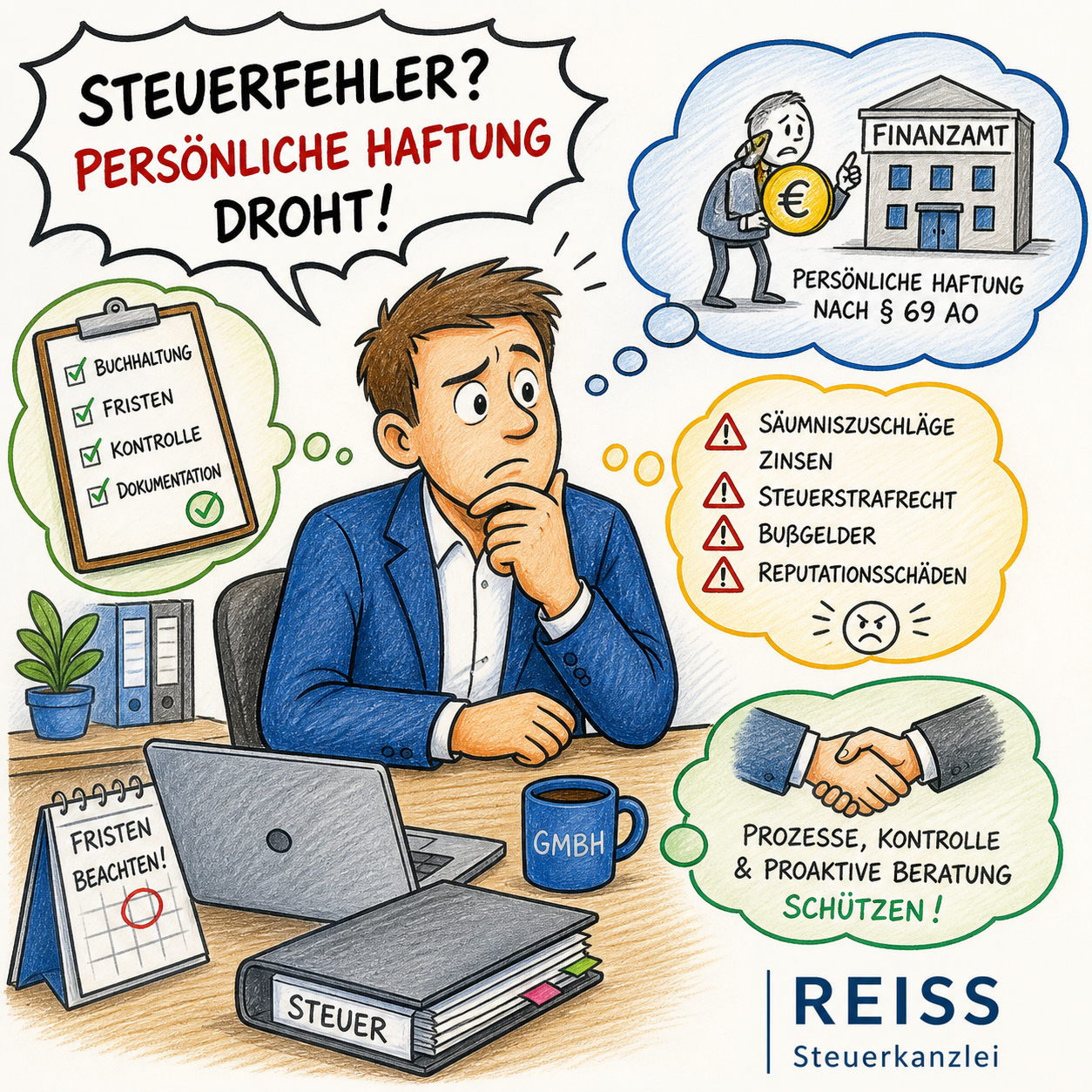 Buntstiftzeichnung im Comic-Stil: Ein gestresster Geschäftsführer sitzt am Schreibtisch vor einem Stapel Unterlagen und Steuerformularen, während über ihm ein großes rotes Warnsymbol mit Ausrufezeichen schwebt. Neben ihm steht eine Figur in Form eines Finanzamts-Beamten, die streng wirkt. Im Hintergrund sind angedeutete Diagramme und eine GmbH-Beschriftung zu sehen. Die Szene ist farbenfroh, mit kräftigen Buntstiftlinien und leicht überzeichneten Figuren. Unten rechts steht der Schriftzug „REISS Steuerkanzlei“.