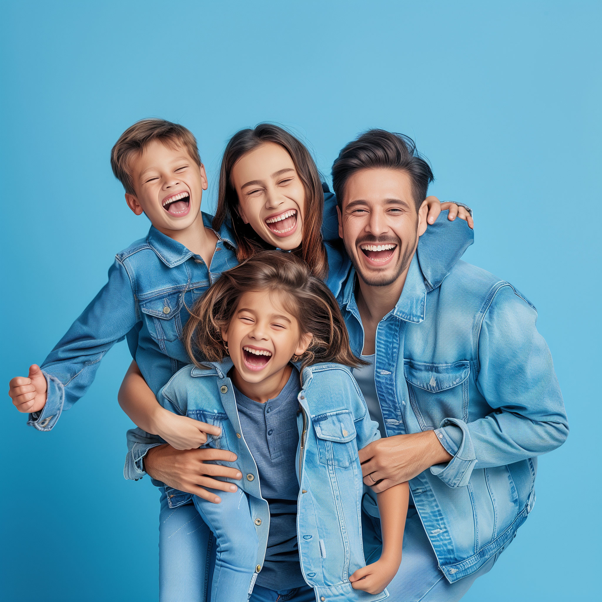 Glückliche Familie in blauer Kleidung lacht gemeinsam und steht für persönliche steuerliche Beratung durch die REISS Steuerka